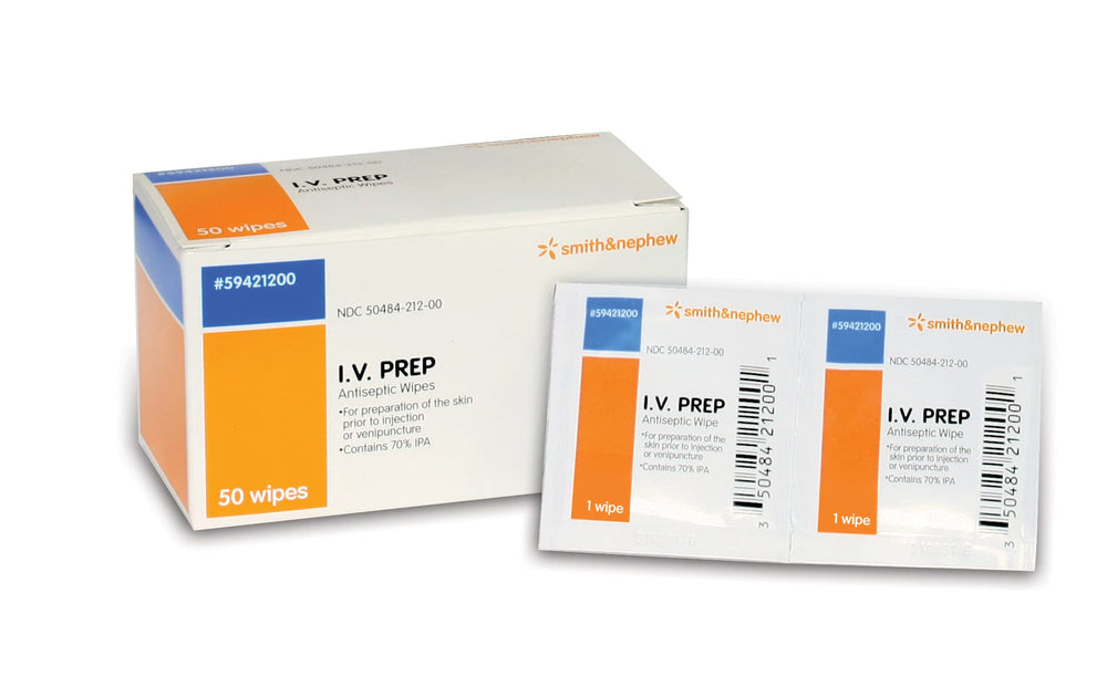 Smith+Nephew I.V. PREP antiseptic wipes box for sterile, fast-drying IV site prep.
