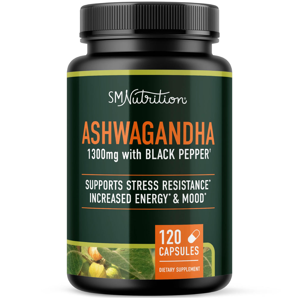 SMNutrition Ashwagandha bottle with capsules for daily stress support.