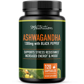 SMNutrition Ashwagandha bottle with capsules for daily stress support.