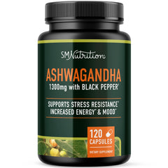 SMNutrition Ashwagandha bottle with capsules for daily stress support.
