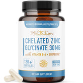 SMNutrition Chelated Zinc Glycinate 30mg bottle front view for daily immune support