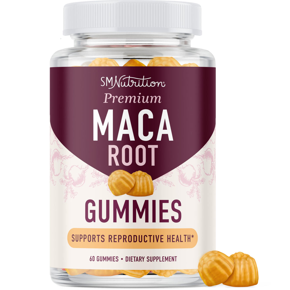 SMNutrition Maca Root Gummies peach bottle ready for daily energy support