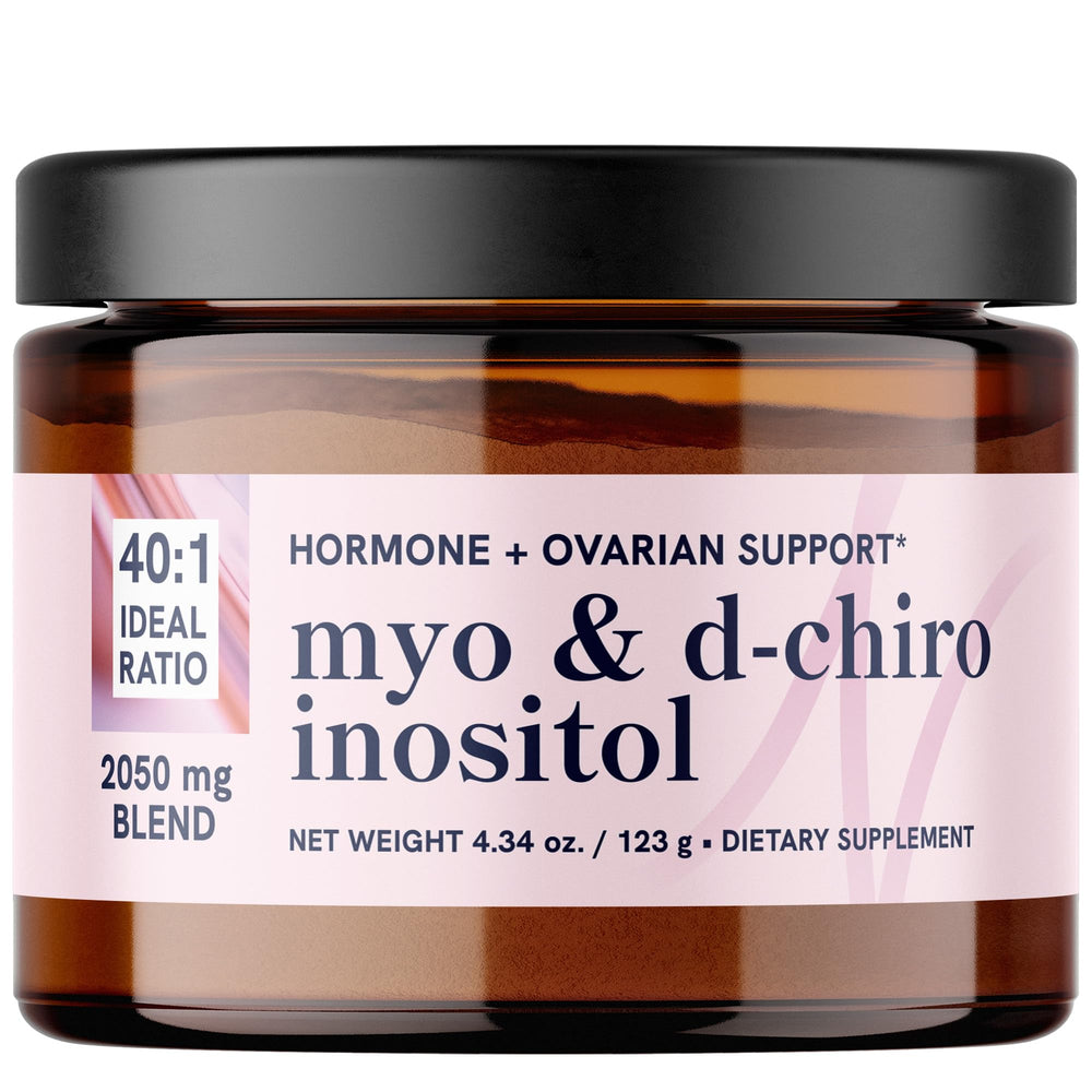 SMNutrition Myo-Inositol and D-Chiro powder bottle shows 40:1 ratio for hormone balance