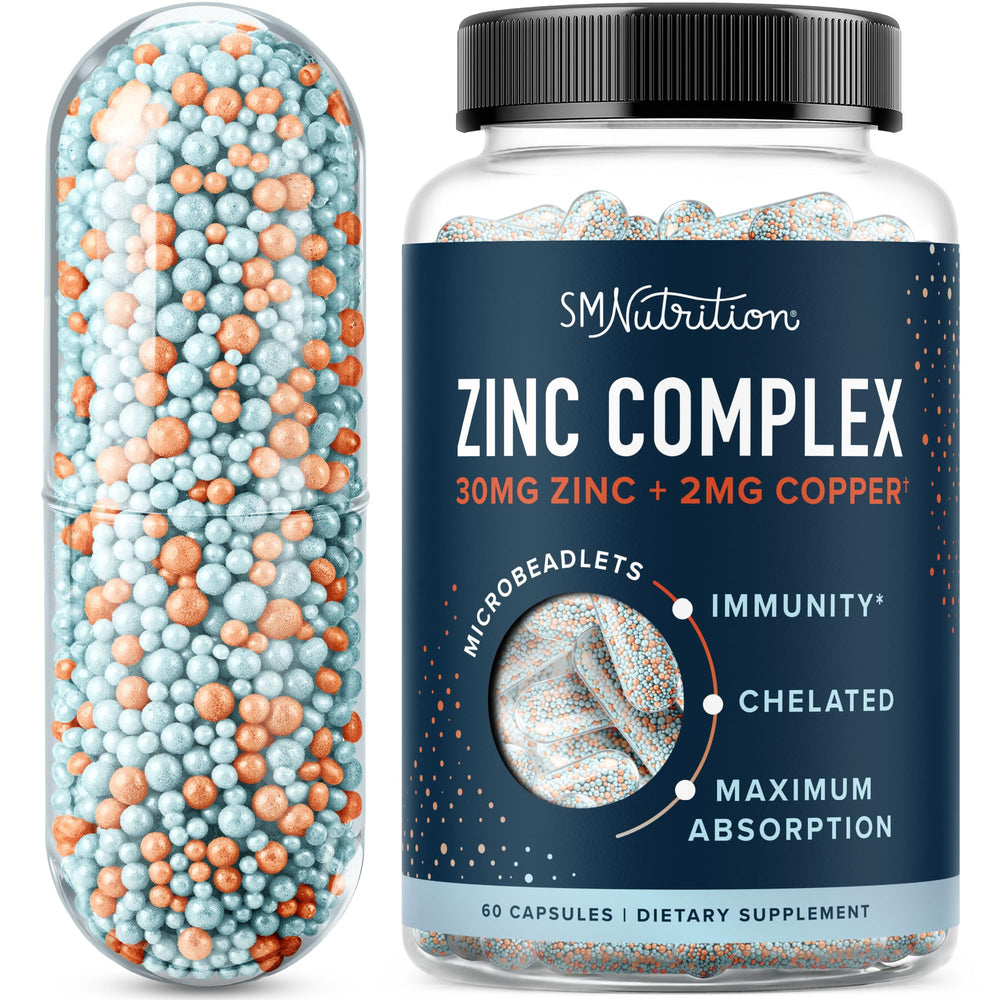 SMNutrition Zinc Balance Microbeadlets bottle highlighting immune support benefits
