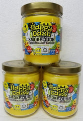 Smoke Odor Exterminator 13oz jar candle with Happy Daze label neutralizes smoke odors.
