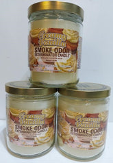 Smoke Odor Exterminator 3-pack vanilla candle jar for odor control.