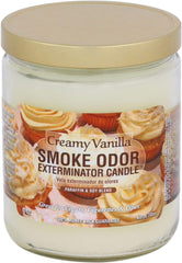 Smoke Odor Exterminator creamy vanilla jar candle for odor removal and cozy aroma.