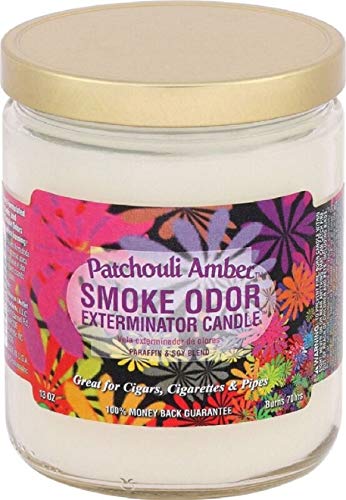 Smoke Odor Exterminator Patchouli 13oz jar candle removes odors from air for a fresher space