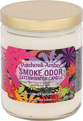 Smoke Odor Exterminator Patchouli 13oz jar candle removes odors from air for a fresher space