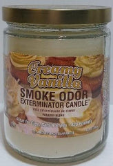 Vanilla scented Smoke Odor Exterminator candle close-up for fresh air.