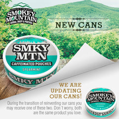 Smokey Mountain Spearmint pouches can group showing convenient five-can box