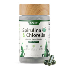 Snap Supplements bottle front shows spirulina and chlorella for protein-rich greens.