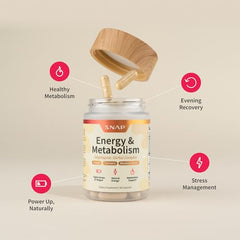 Snap Supplements Energy and Metabolism Herbal Complex capsules on tray for easy daily use.