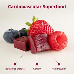Closeup of Snap Supplements Heart Beets soft chews highlighting berry flavor.