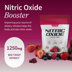 Snap Supplements Nitric Oxide Beet chews close-up highlights vibrant flavor and caffeine-free vitality.