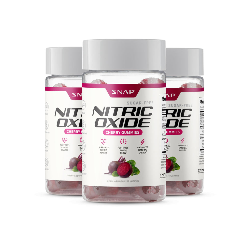 Snap Supplements Nitric Oxide Beet Root Gummies bottle supports daily wellness.