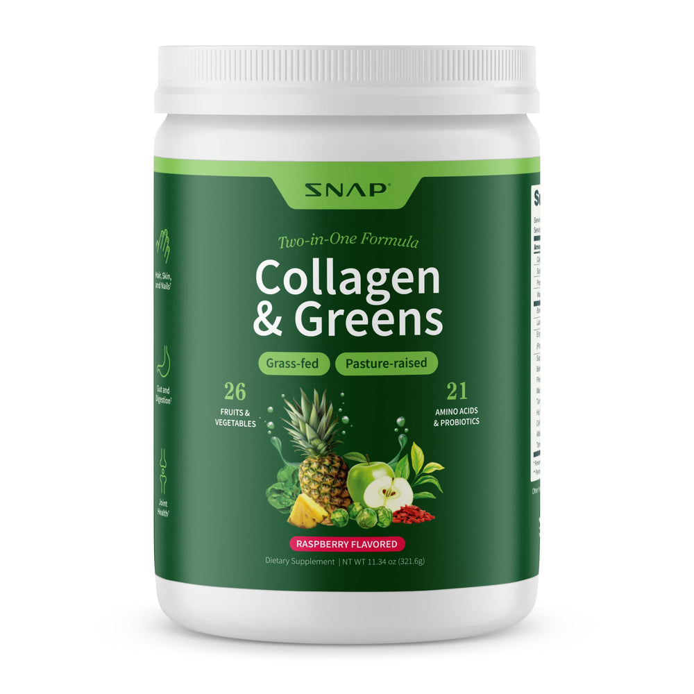 Snap Supplements Super Greens Powder tub front showing vibrant packaging for daily energy support.