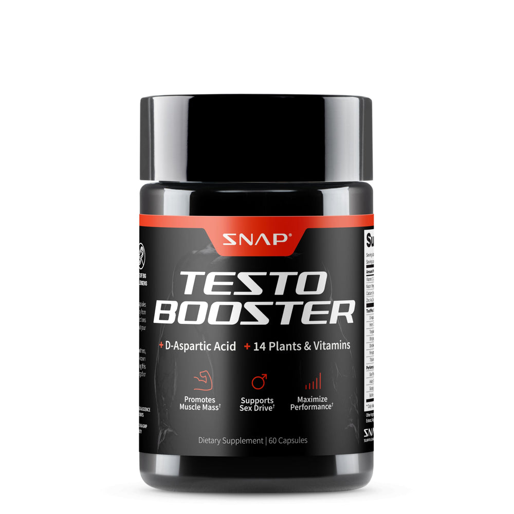 Snap Supplements Testo Booster bottle shows natural energy support for workouts