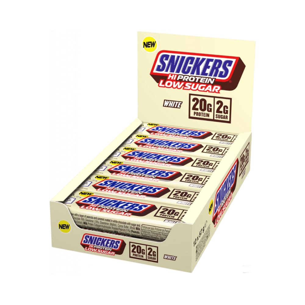Snickers low-sugar high-protein white chocolate packshot for on-the-go fueling.