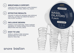 Snore Bastion nasal dilators inserted gently to promote relaxed nasal airflow.