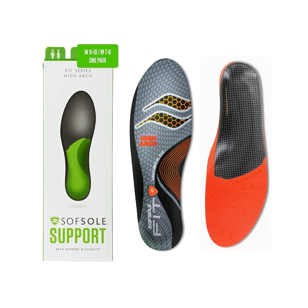 Sof Sole high-arch orthotic insole with air-filled heel and gel forefoot for comfortable shock absorption.