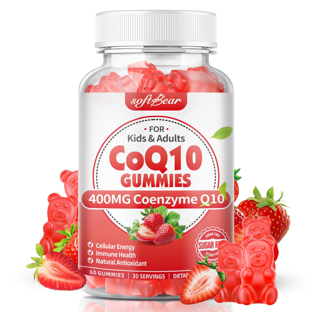 Softbear CoQ10 Gomitas botella 400mg, apoyo a la energía celular y antioxidantes.