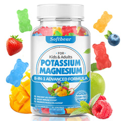 Softbear Potassium Gummies bottle close-up for convenient muscle support and flavor.