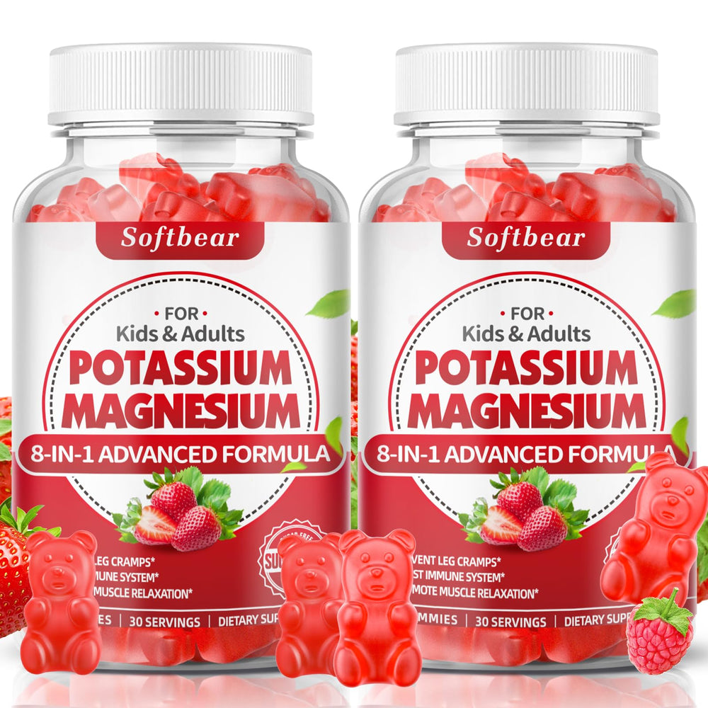 Softbear Potassium Gummies bottle front showing vegan, sugar-free formula for daily muscle support.