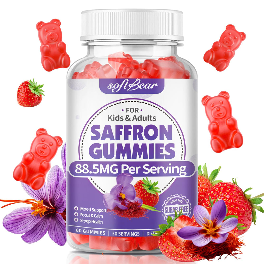 Softbear saffron gummies bottle, convenient daily support for focus and calm.