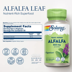 SOLARAY Alfalfa Leaf capsules close-up showing fiber and chlorophyll content