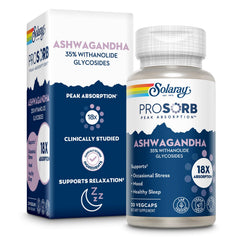 SOLARAY Ashwagandha capsules bottle highlighting 18X absorption for daily balance