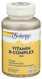 Solaray B-Complex 100 mg bottle visible for daily energy support.