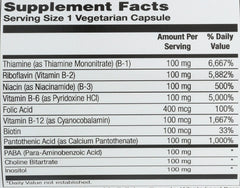 Solaray B-Complex 100 mg label closeup highlighting high-potency B vitamins.