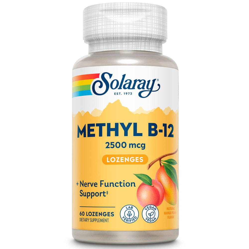 SOLARAY B12 methyl lozenge packaging shown for convenient daily use
