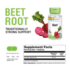 SOLARAY Beet Root 605mg label highlighting ingredients and nitrate content for informed use