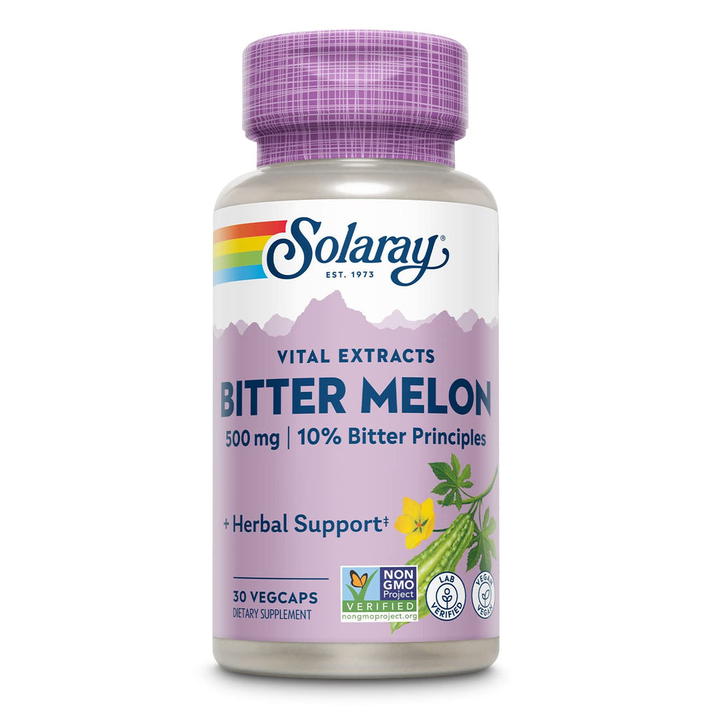 SOLARAY Bitter Melon Fruit Extract bottle highlighting 500 mg per serving for daily wellness