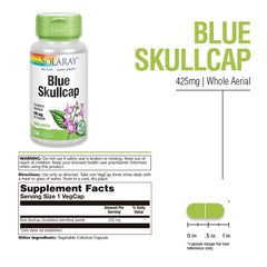 SOLARAY Blue Skullcap capsules close-up highlighting daily calm potential.