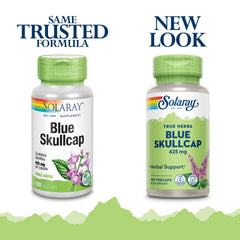 SOLARAY Blue Skullcap label close-up emphasizing potency and vegan formula.