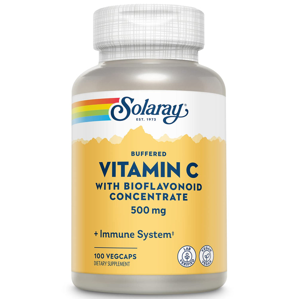 Solaray Buffered Vitamin C 500mg bottle for easy-to-digest immune support.