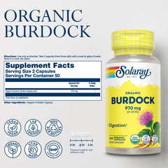 SOLARAY burdock root capsules close-up highlighting antioxidant-rich formula for cellular wellness.