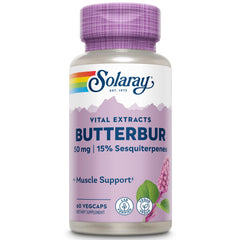 SOLARAY Butterbur capsules close-up for convenient daily use.