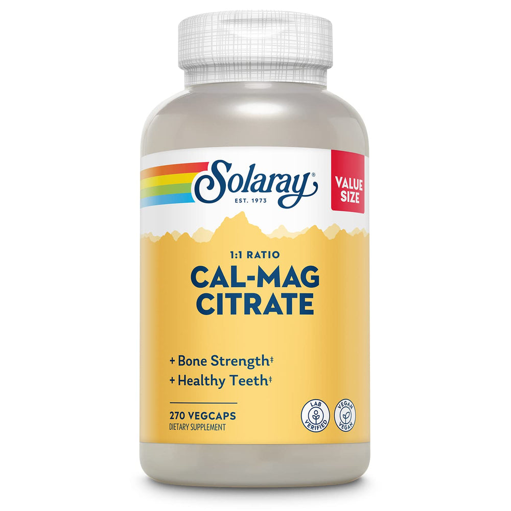 Solaray Cal Mag Citrate capsules show a 1000 mg dose for daily bone support.