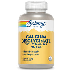 SOLARAY Calcium Bisglycinate bottle shows 1000mg dose for bone support.