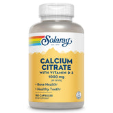 Solaray Calcium Citrate 1000mg bottle with dosage label for bone support.
