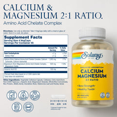 SOLARAY Calcium Magnesium capsules close-up, showing vegan capsules and formula.