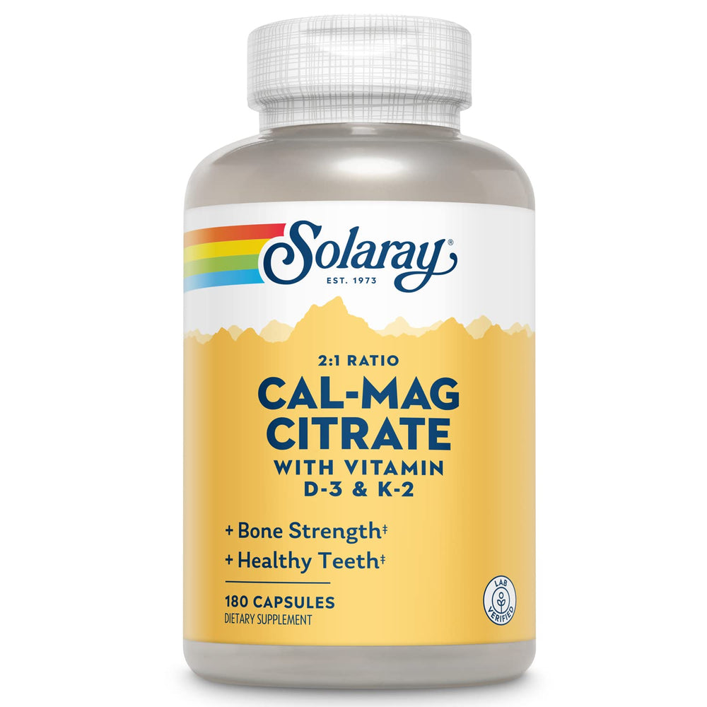 SOLARAY Calcium Magnesium Citrate bottle with D3K2 for bone support and daily wellness.