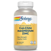 Solaray calcium-magnesium-zinc bottle front for daily bone and muscle support.