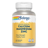 SOLARAY Calcium Magnesium Zinc bottle with vegan capsules supporting bone and muscle health.