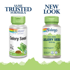 SOLARAY celery seed capsules back view showing bottle and eco-friendly packaging.
