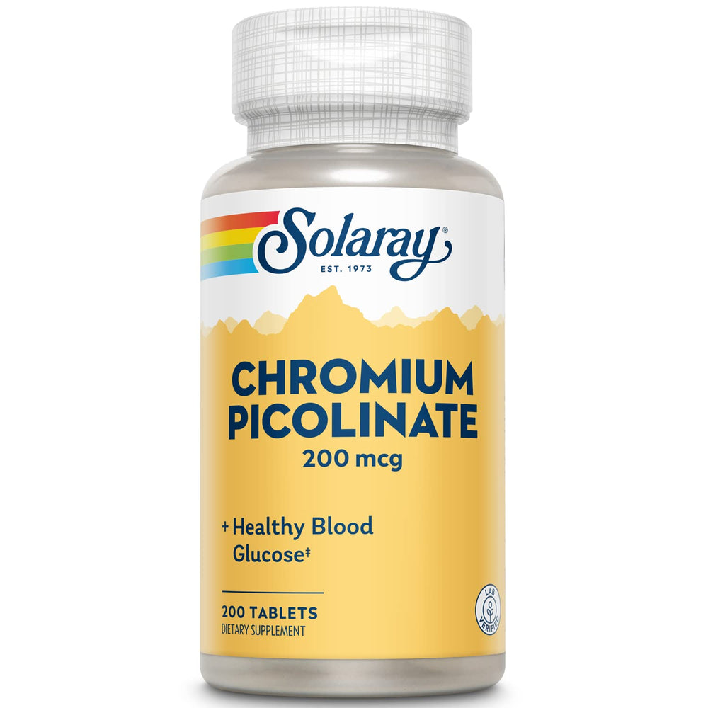 Solaray chromium picolinate tablets on bottle label, 200 mcg dose, tested for quality.